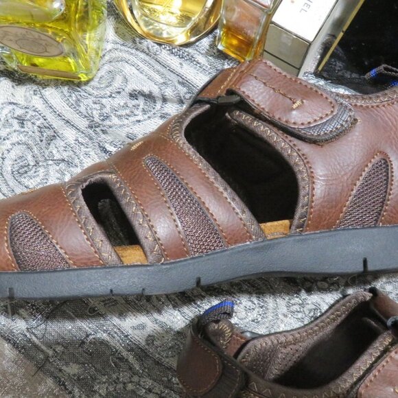Nunn Bush Brown Leather Rio Grande Fisherman Toe Velcro closure Sandals Sz 13 M - Picture 11 of 15